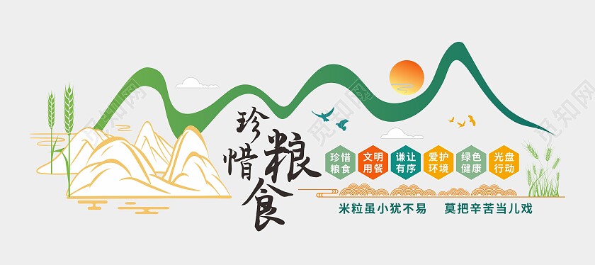 黄绿简约大气珍惜粮食文化墙文明用餐文明餐桌