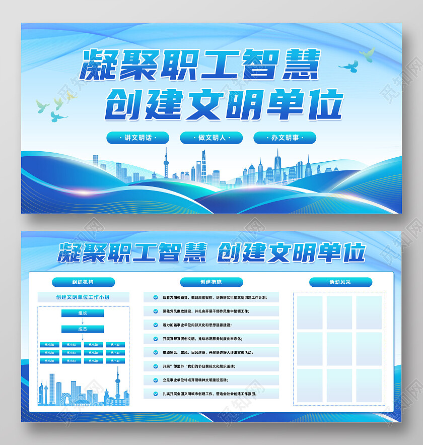 蓝色城市剪影凝聚职工智慧创建文明单位宣传栏