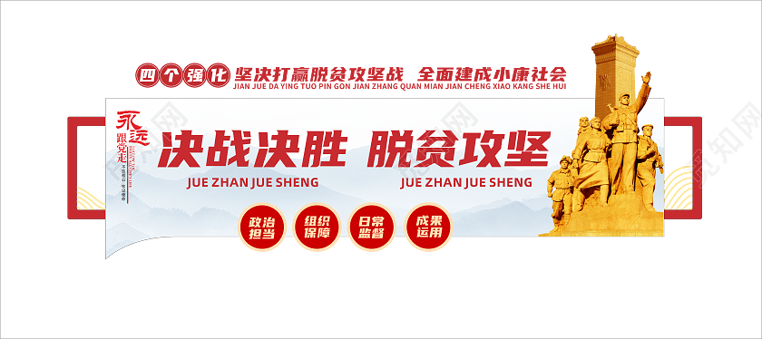 红色 党建 精准扶贫 决战决胜 文化墙