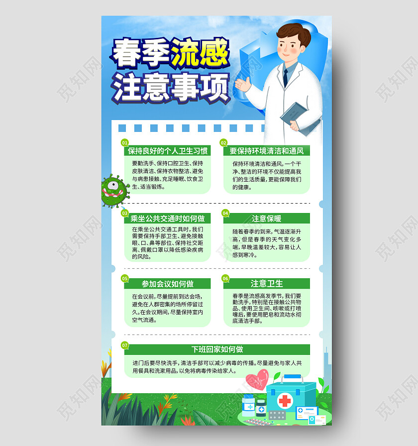 蓝色简约风春季流感注意事项文案海报