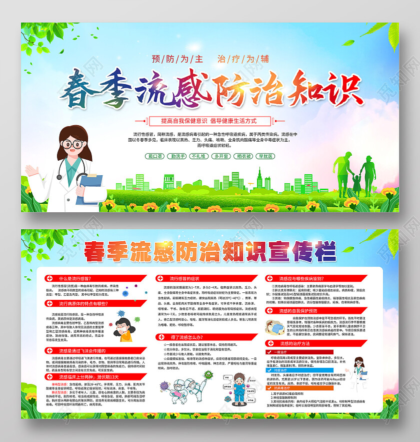 绿色简约春季流感防治知识流感展板