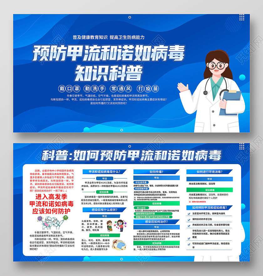 蓝色简约预防甲流和诺如病毒知识科普展板