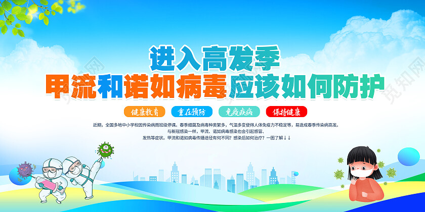 蓝色简约进入高发季甲流和诺如病毒应该如何防护展板