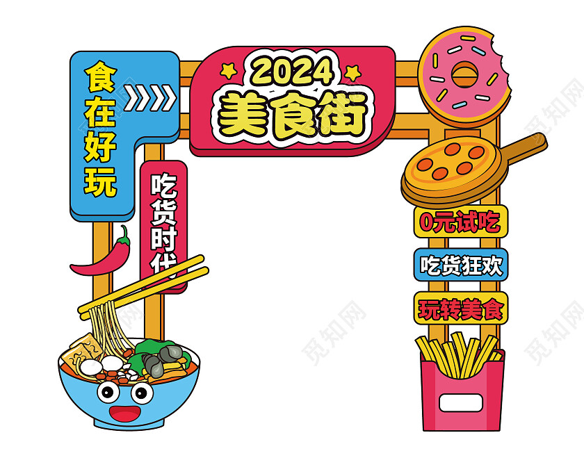 手绘风2024美食节美陈拱门吃货节龙门架
