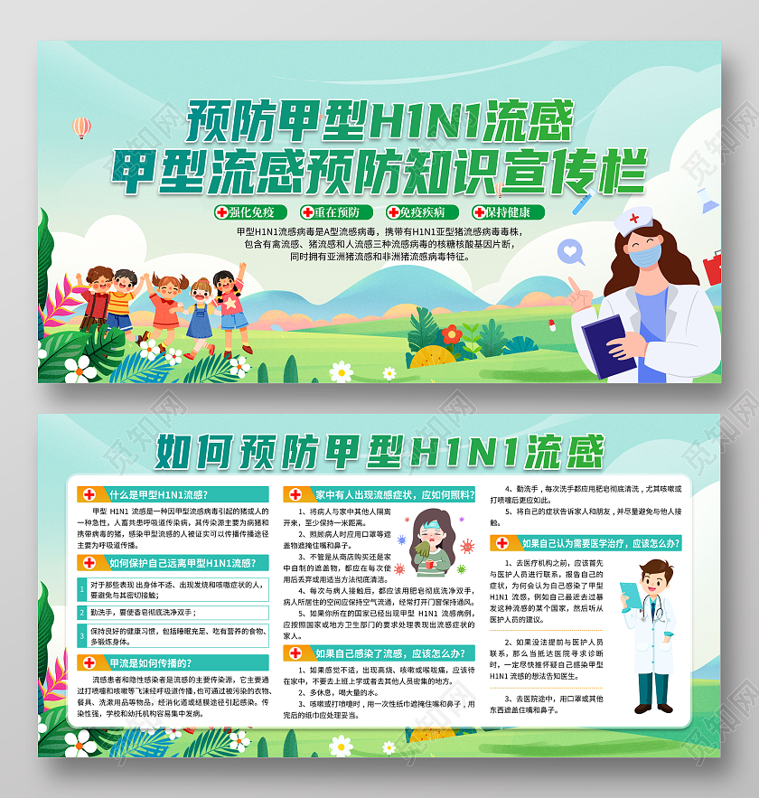 绿色清新预防甲型H1N1流感宣传栏甲流