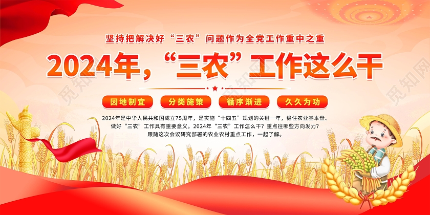 橘红大气2024年三农工作部署会议精神宣传栏展板设计