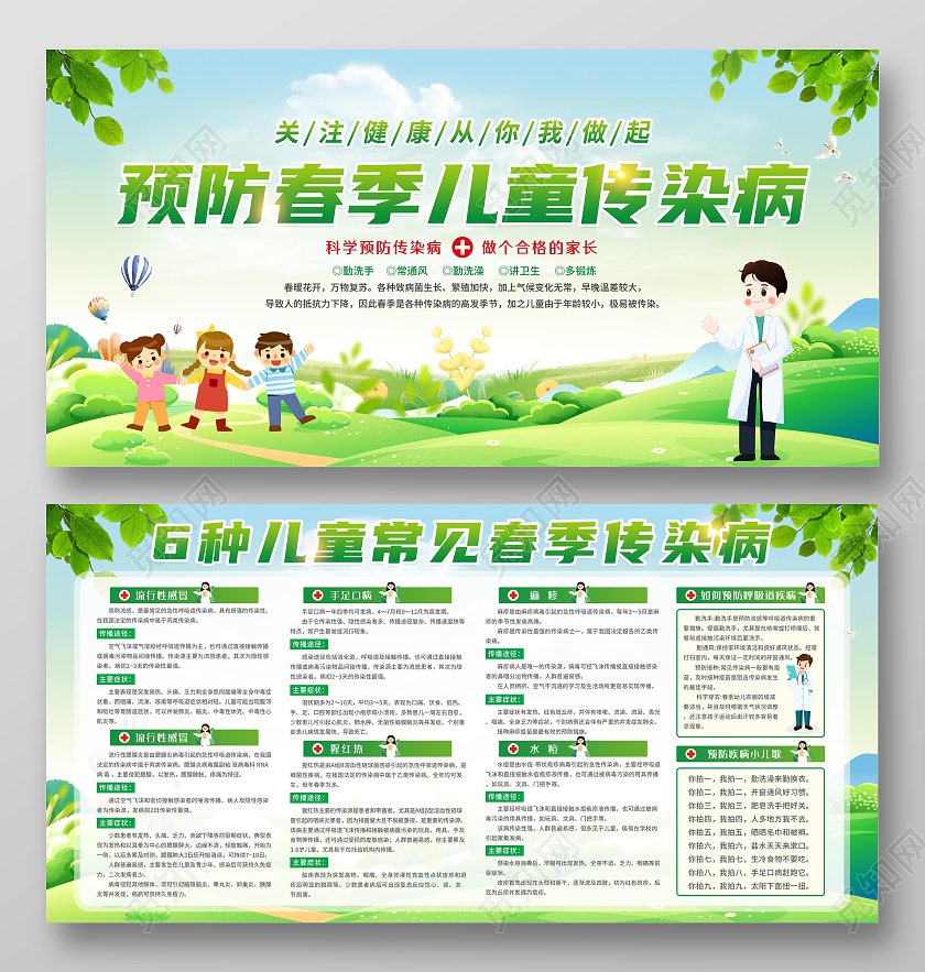 绿色手绘卡通幼儿园春季传染病健康教育宣传栏展板设计