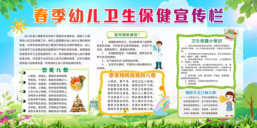 绿色清新简约春季幼儿园卫生保健宣传栏展板设计