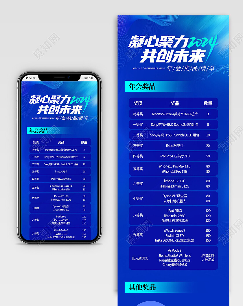 蓝色时尚2024凝心聚力共创未来2024年会奖品清单长图2024年会礼品清单