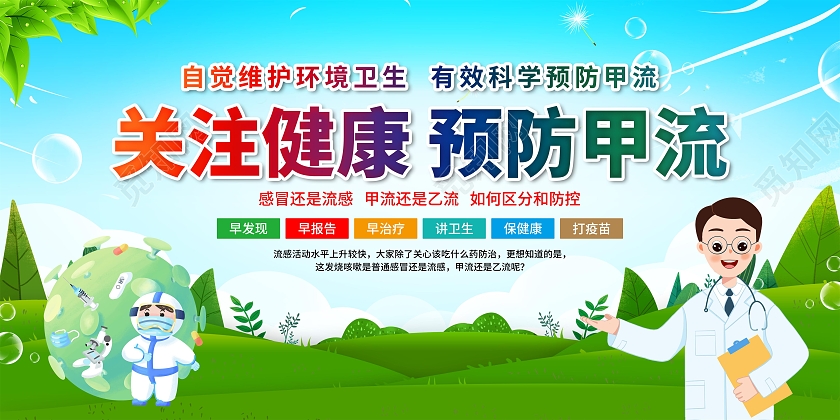蓝色清新卡通甲流病毒科普宣传栏展板设计