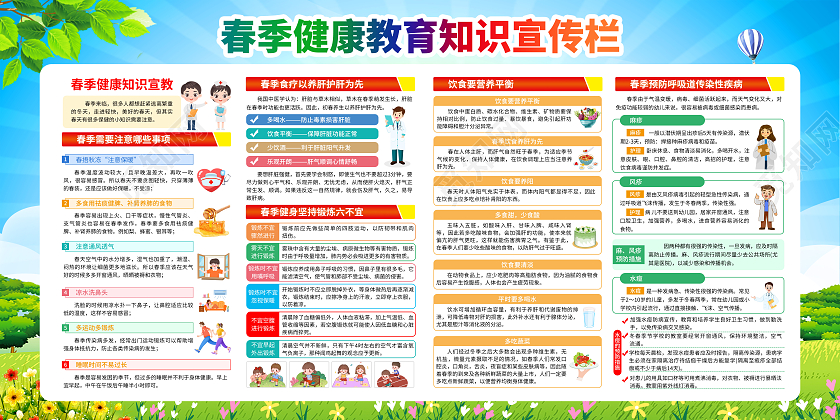 蓝色大气风格2024春季健康知识科普宣传栏社区春季健康教育知识