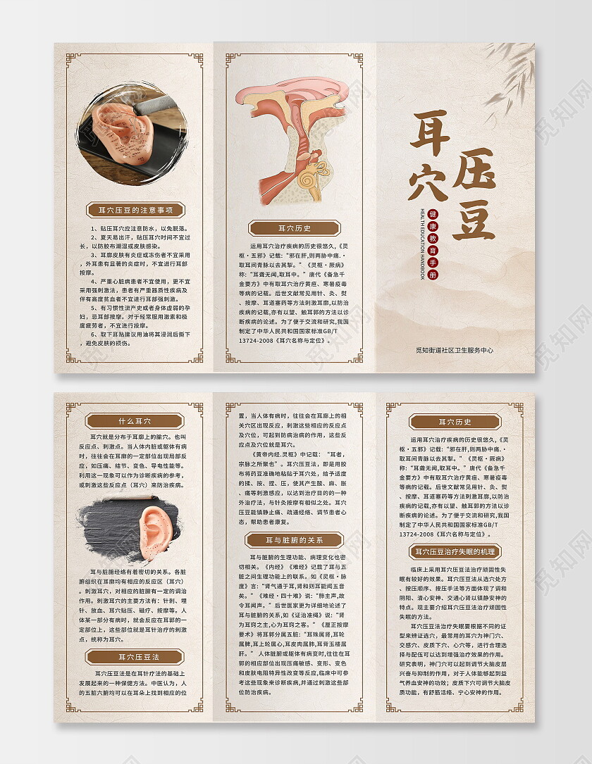 棕色中国风简约中医耳穴压豆宣传三折页设计