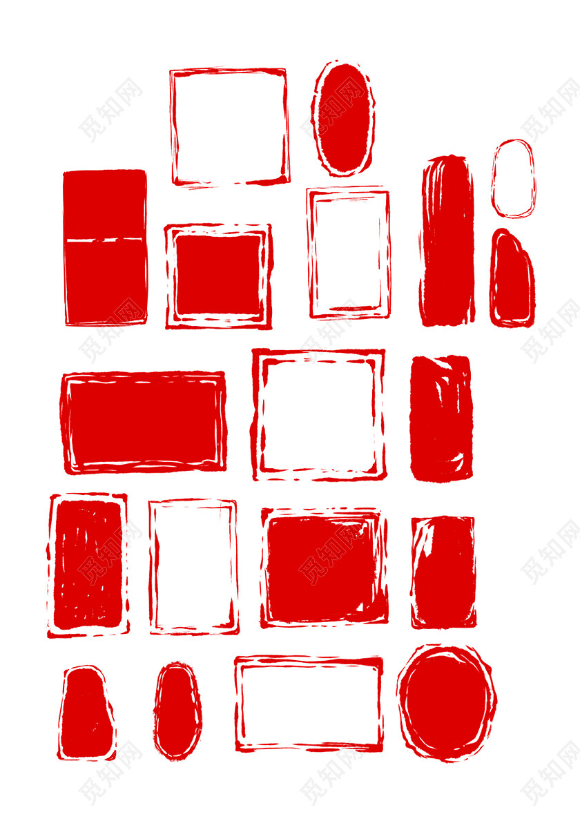 红色笔触边框国风纹理印章元素常规