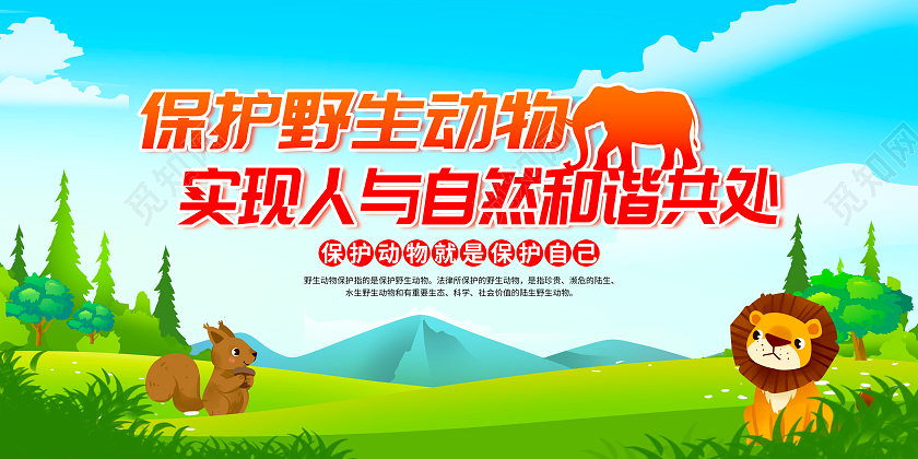 绿色卡通保护野生动物实现人与自然和谐共处保护野生动物宣传栏