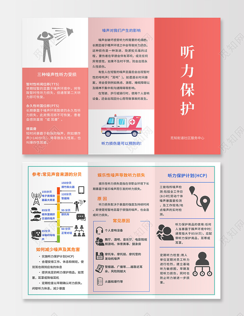 红色极简风爱护听力科学保护听力宣传三折页设计耳穴