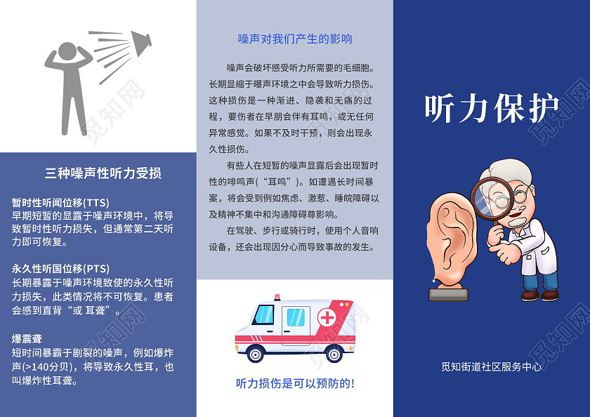 蓝色极简风爱护听力科学保护听力宣传三折页设计耳穴