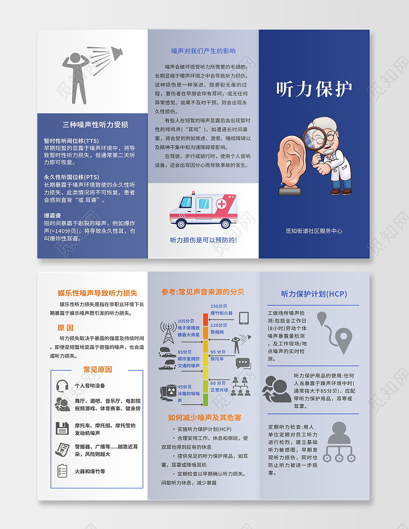 蓝色极简风爱护听力科学保护听力宣传三折页设计耳穴