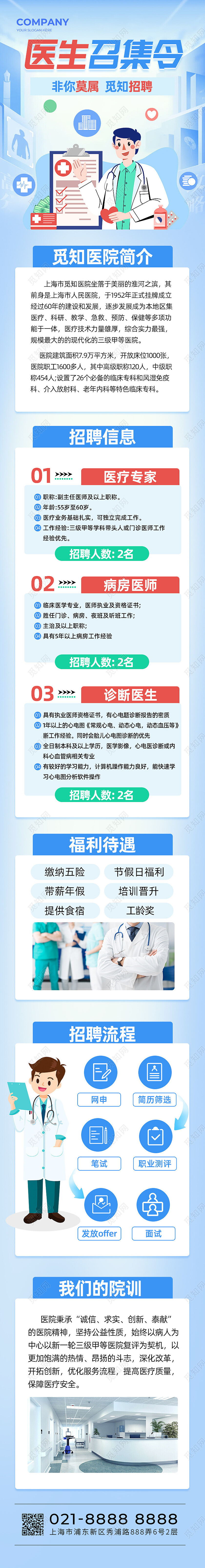 蓝色插画风医院招聘手机长图落地页
