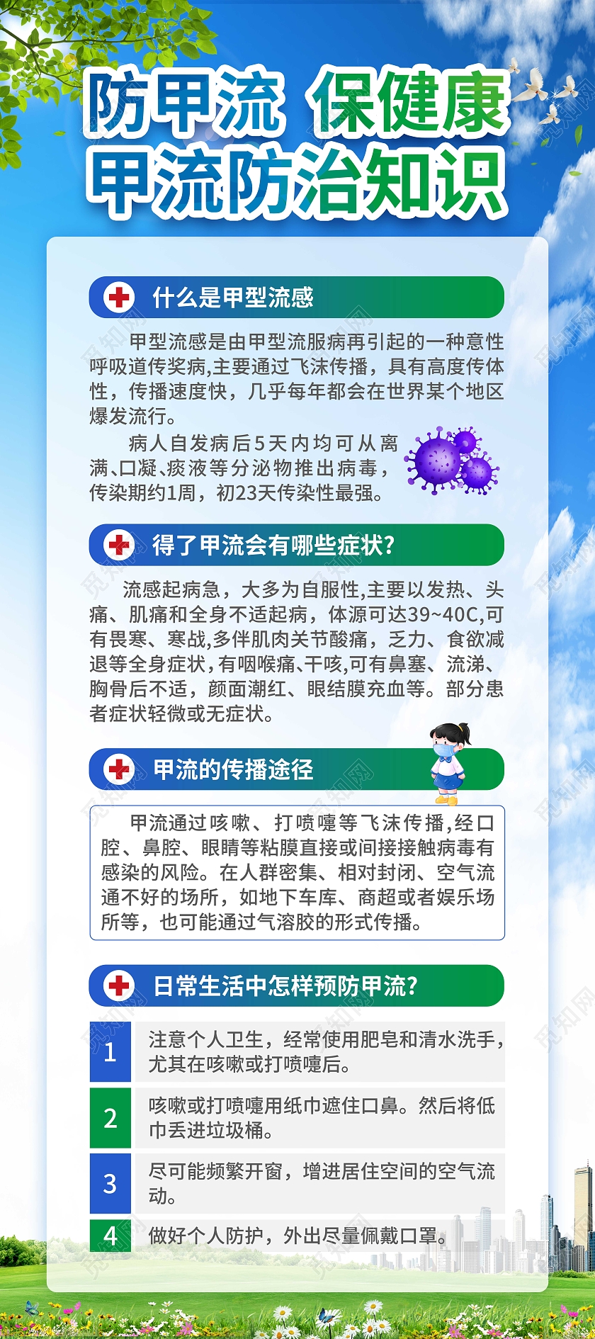 蓝绿色简约大气风防甲流保健康甲流防治知识甲流展架