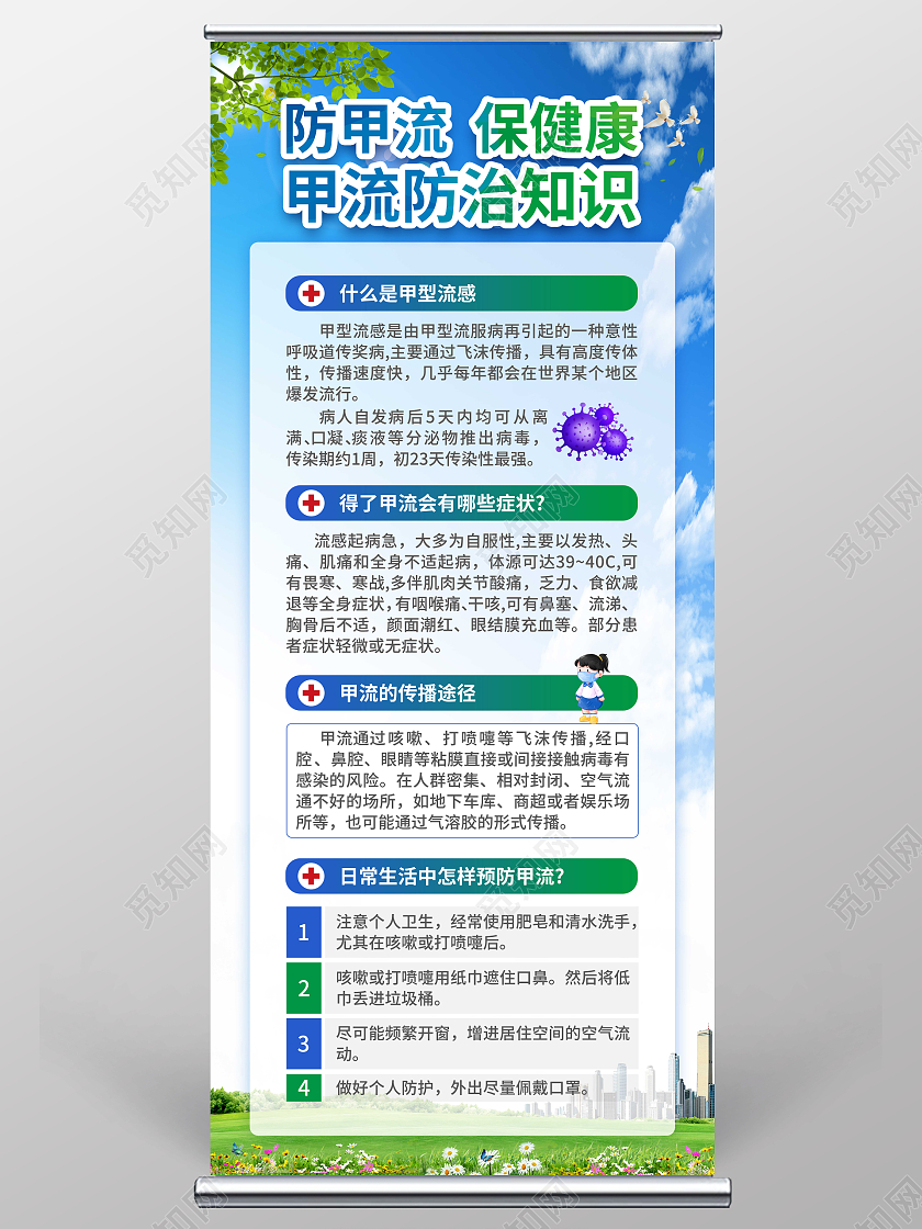 蓝绿色简约大气风防甲流保健康甲流防治知识甲流展架