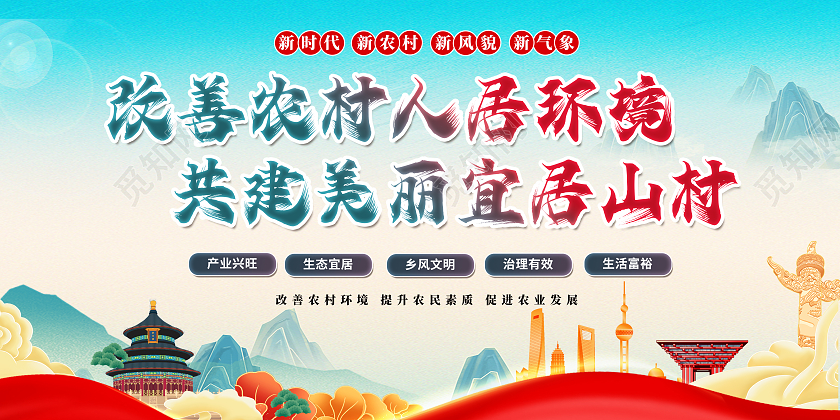 青色大气国潮农村人居环境党建展板海报农村人居环境整治