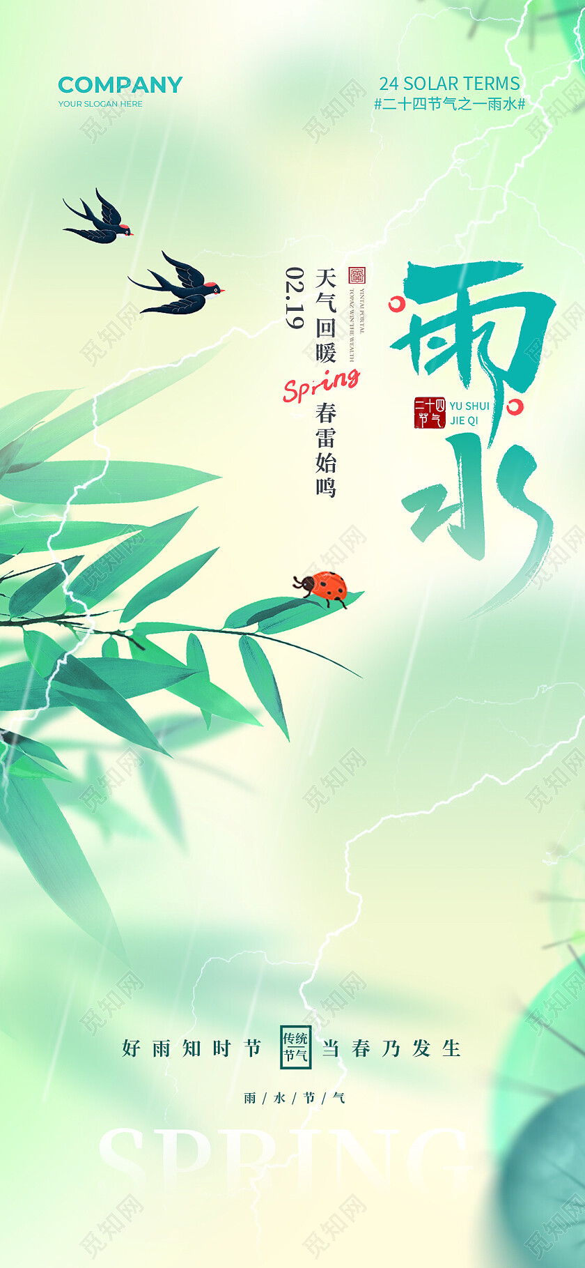 绿色渐变弥散水墨风雨水24节气手机海报改图