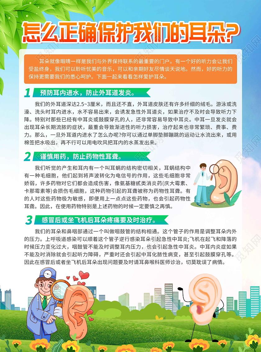 蓝色卡通风格保护听力保护耳朵宣传单