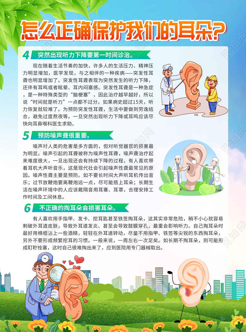 蓝色卡通风格保护听力保护耳朵宣传单