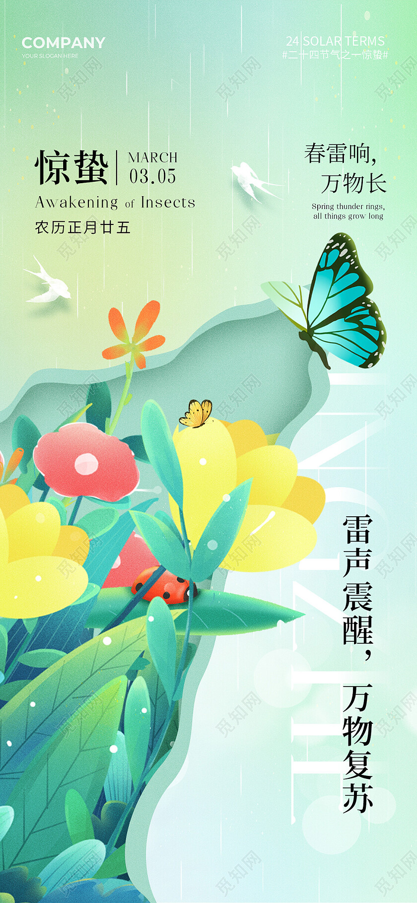 绿色清新2024惊蛰节气手机宣传海报