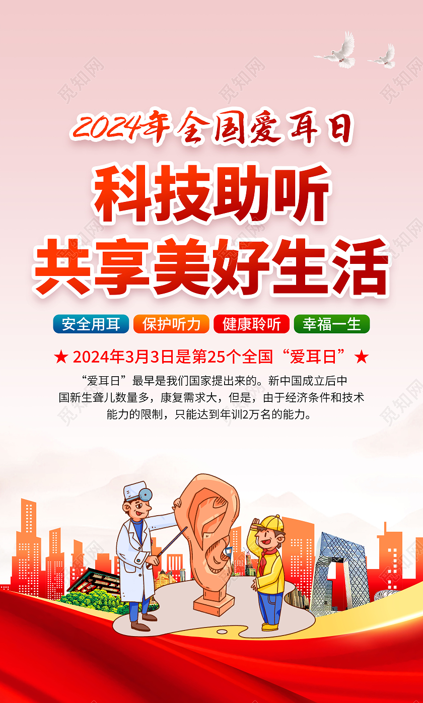 红色大气2024全国爱耳日宣传海报