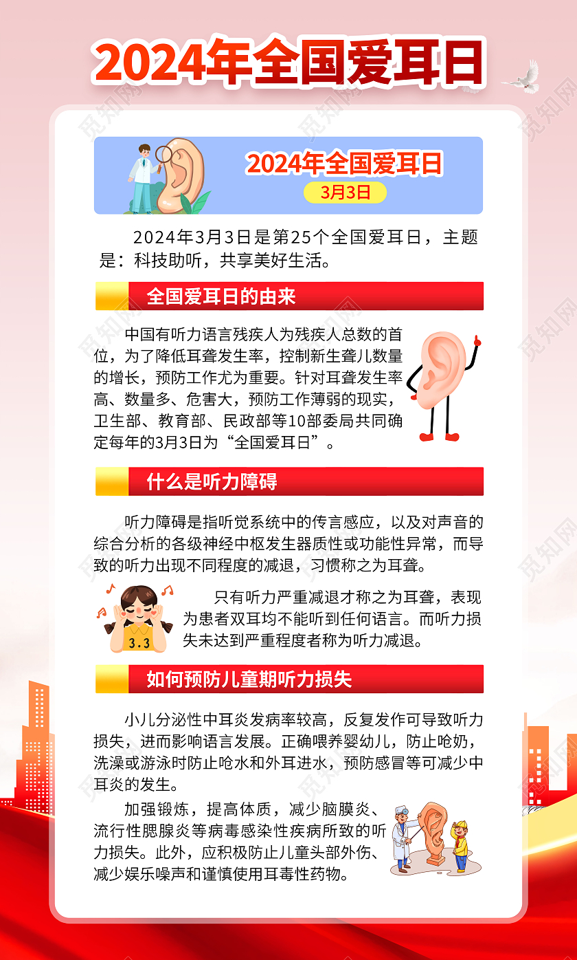 红色大气2024全国爱耳日宣传海报