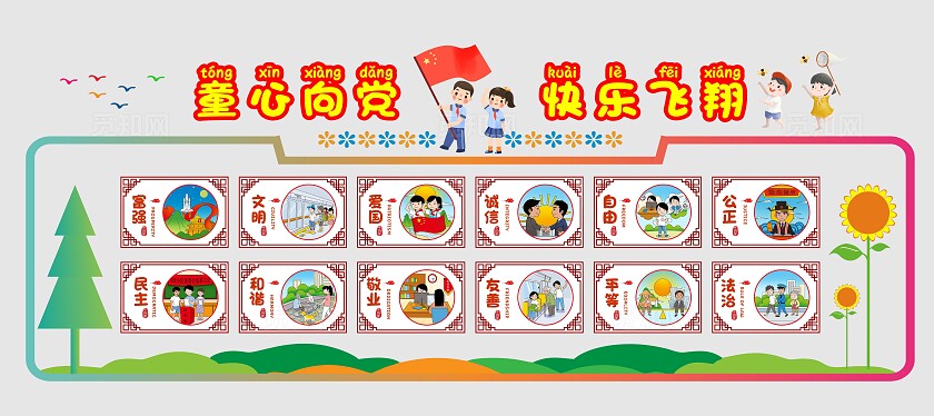 黄色大气幼儿园核心价值观文化墙