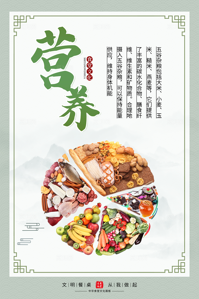 绿色简约营养绿色新鲜节约珍惜均衡营养与健康饮食套图挂画