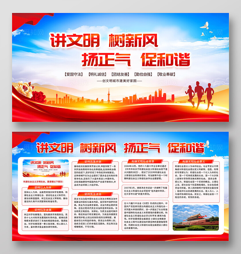 蓝色简约大气党建风讲文明树新风创建文明城市展板常规