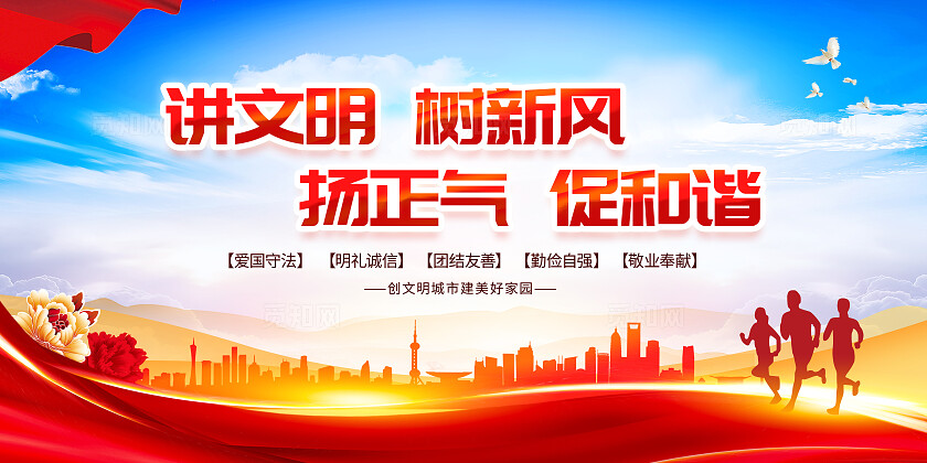 蓝色简约大气党建风讲文明树新风创建文明城市展板常规