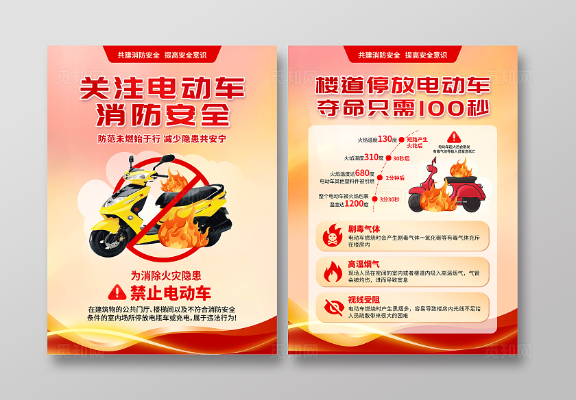 红色橙色创意简约电动车消防安全宣传消防安全警示宣传单