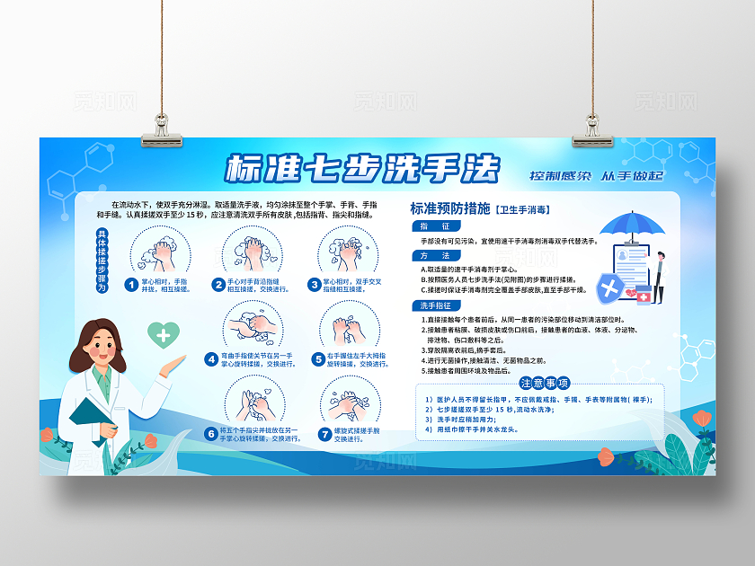 蓝色卡通创意七步洗手法宣传栏展板