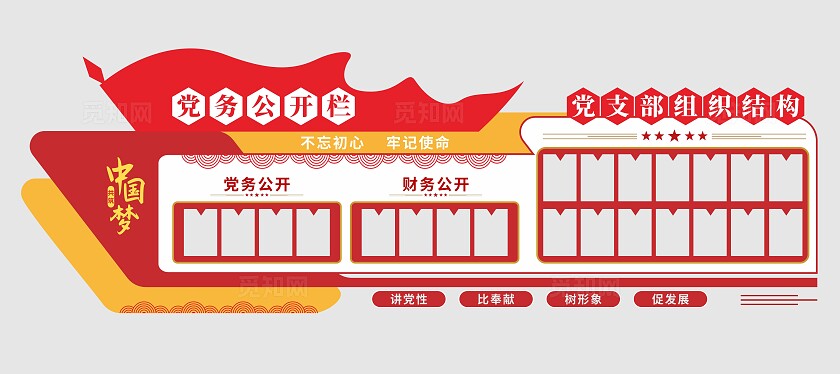 红黄色简约大气党员组织结构文化墙党支部组织架构图