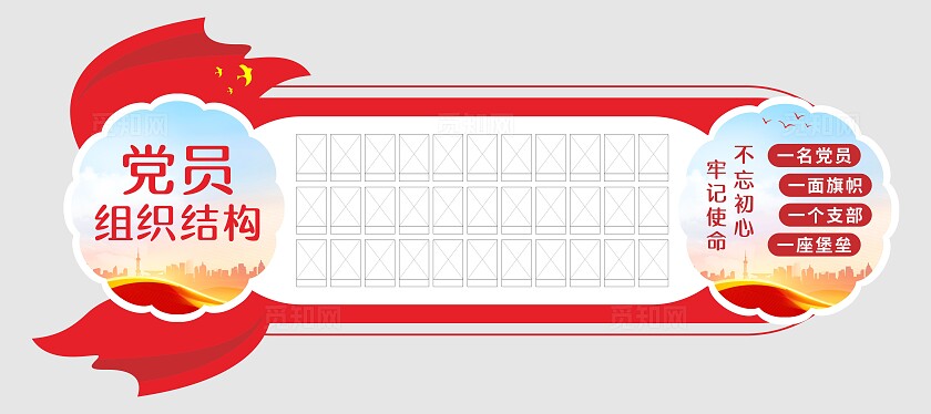 红色简约大气党员组织结构文化墙党支部组织架构图