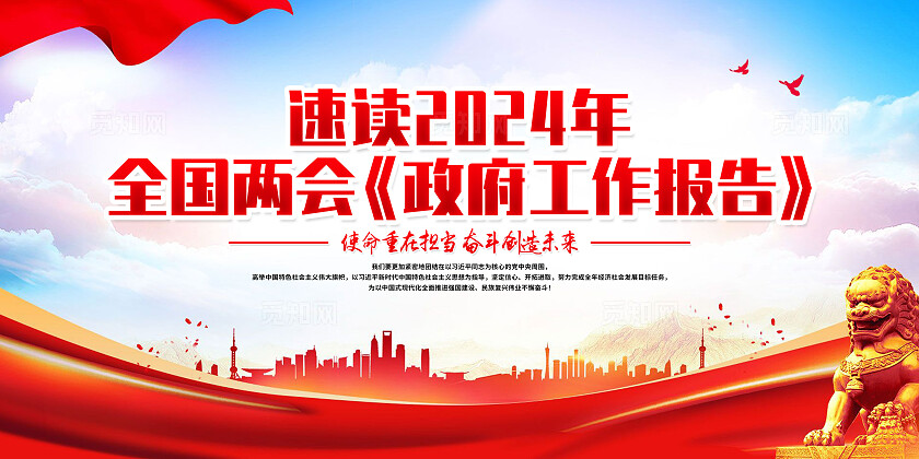 红色简约速度2024年全国两会工作报告两会展板宣传