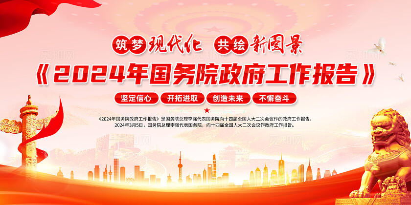 红色大气聚焦全国两会2024国务院两会工作报告展板宣传