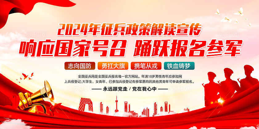 红色简约相应国家号召踊跃报名参军展板宣传