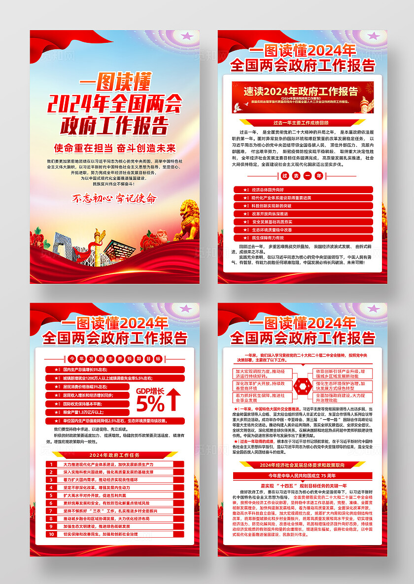 红色简约2024年全国两会工作报告海报宣传