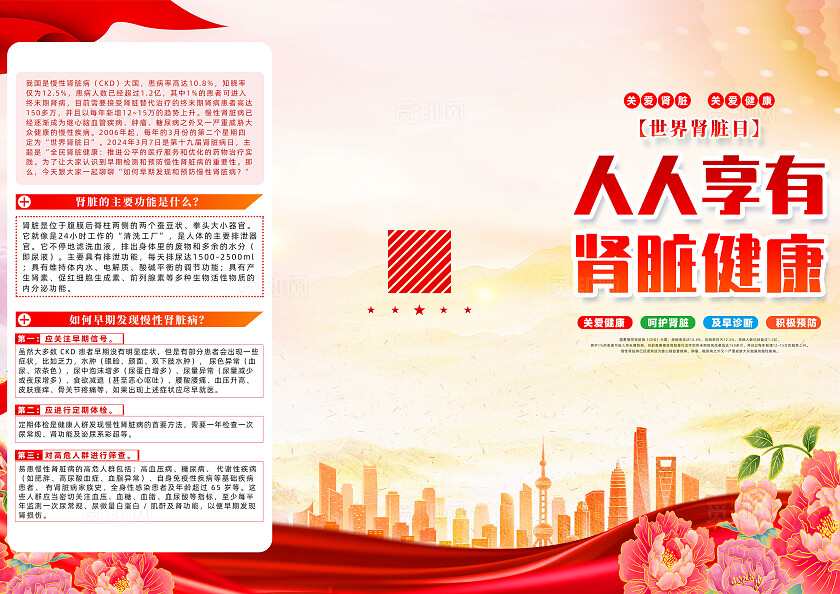 红色简约人人享有肾脏健康世界肾脏日三折页宣传