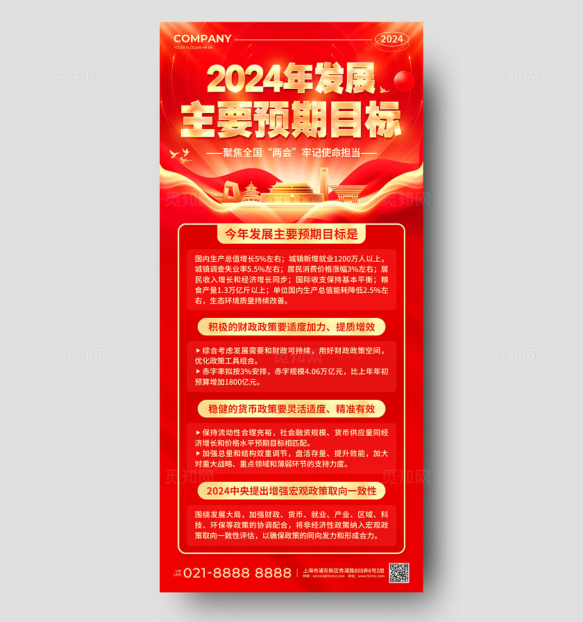 红色烫金风2024年发展主要预期目标聚焦全国两会手机文案海报