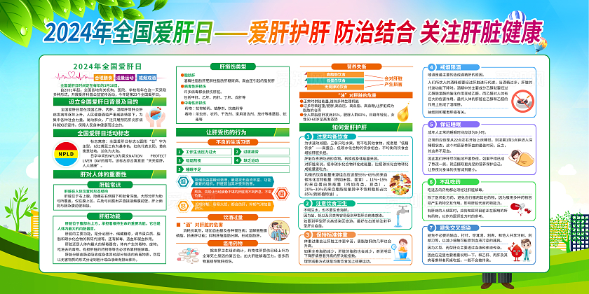 绿色卡通2024年全国爱肝日全国爱肝日宣传栏