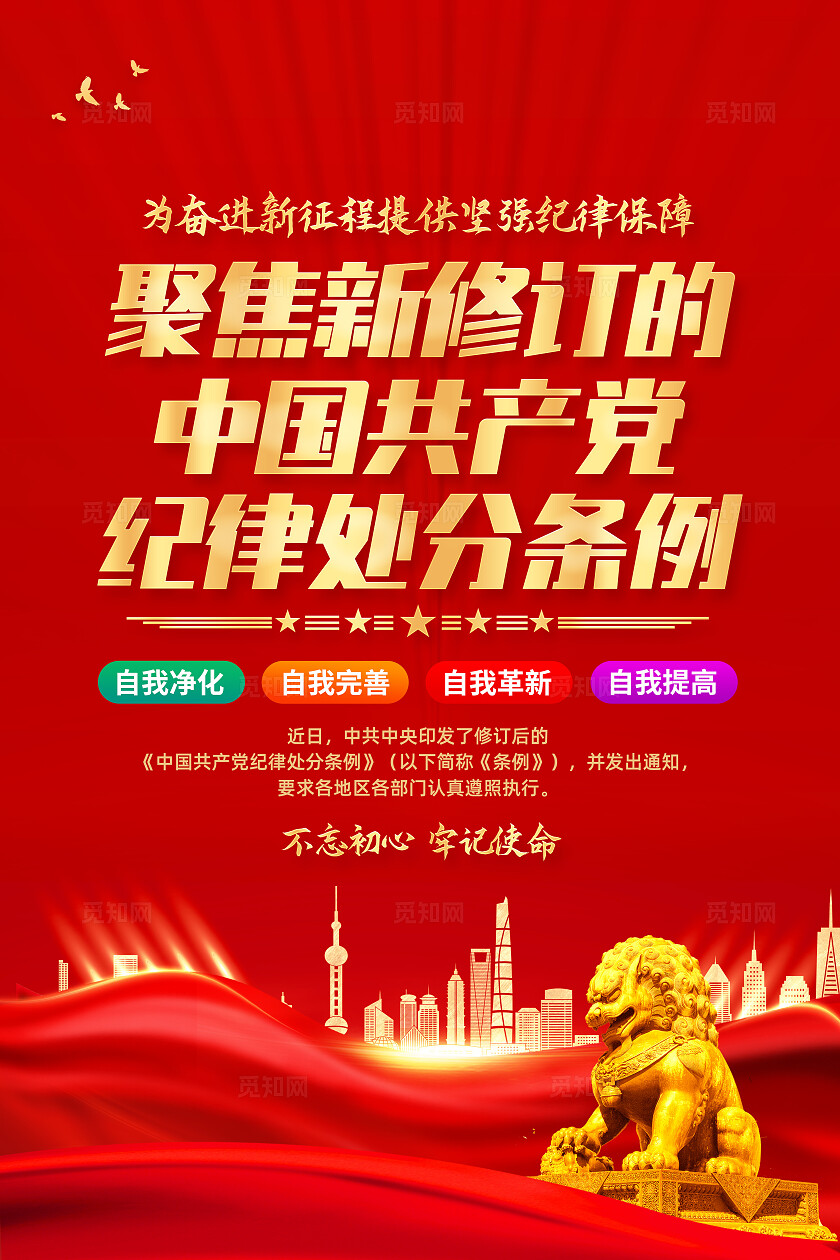 红色简约新修订中国党纪律处分条例海报宣传