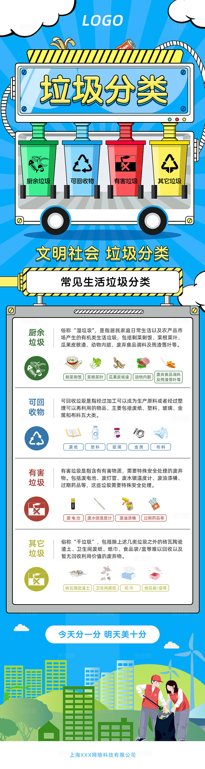 蓝色清新简约插画垃圾分类共创健康生态长图海报h5