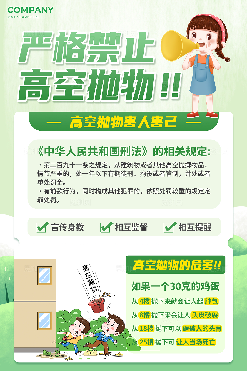 绿色插画风禁止高空抛物宣传海报