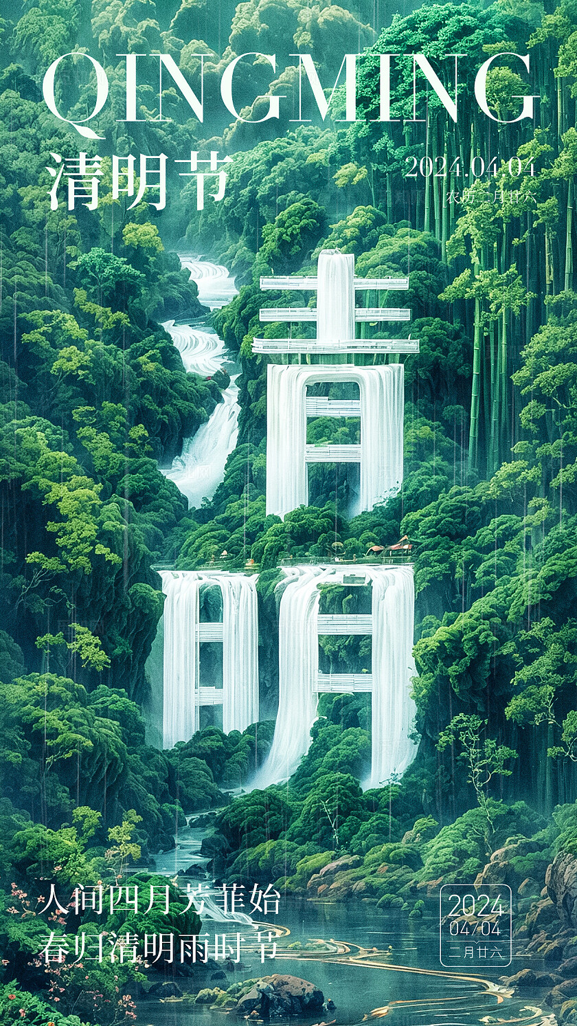 sd建模风创意文字绿色简约清明节手机海报AI清明